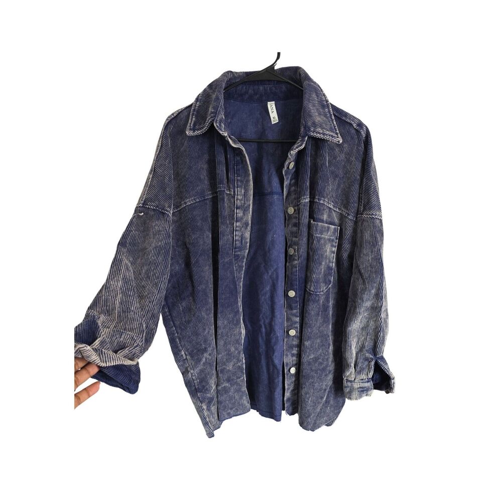 ZENANA Faded Navy Blue Acid Wash Corduroy Button Front Shacket Size XL